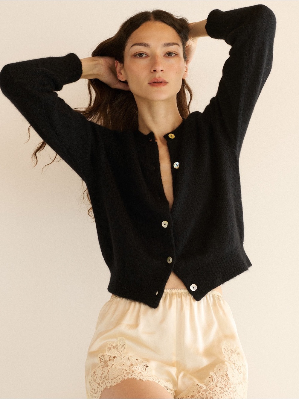 Doen Black Button-Front Crewneck Cardigan